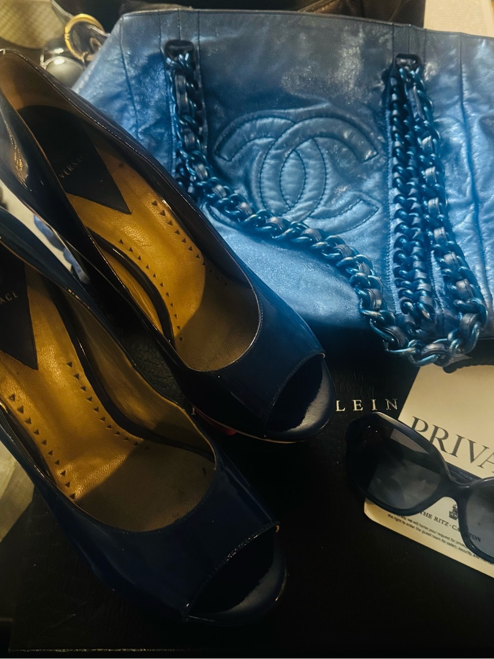 Versace Iconic Triple Platform Blue, White & Pink Heels